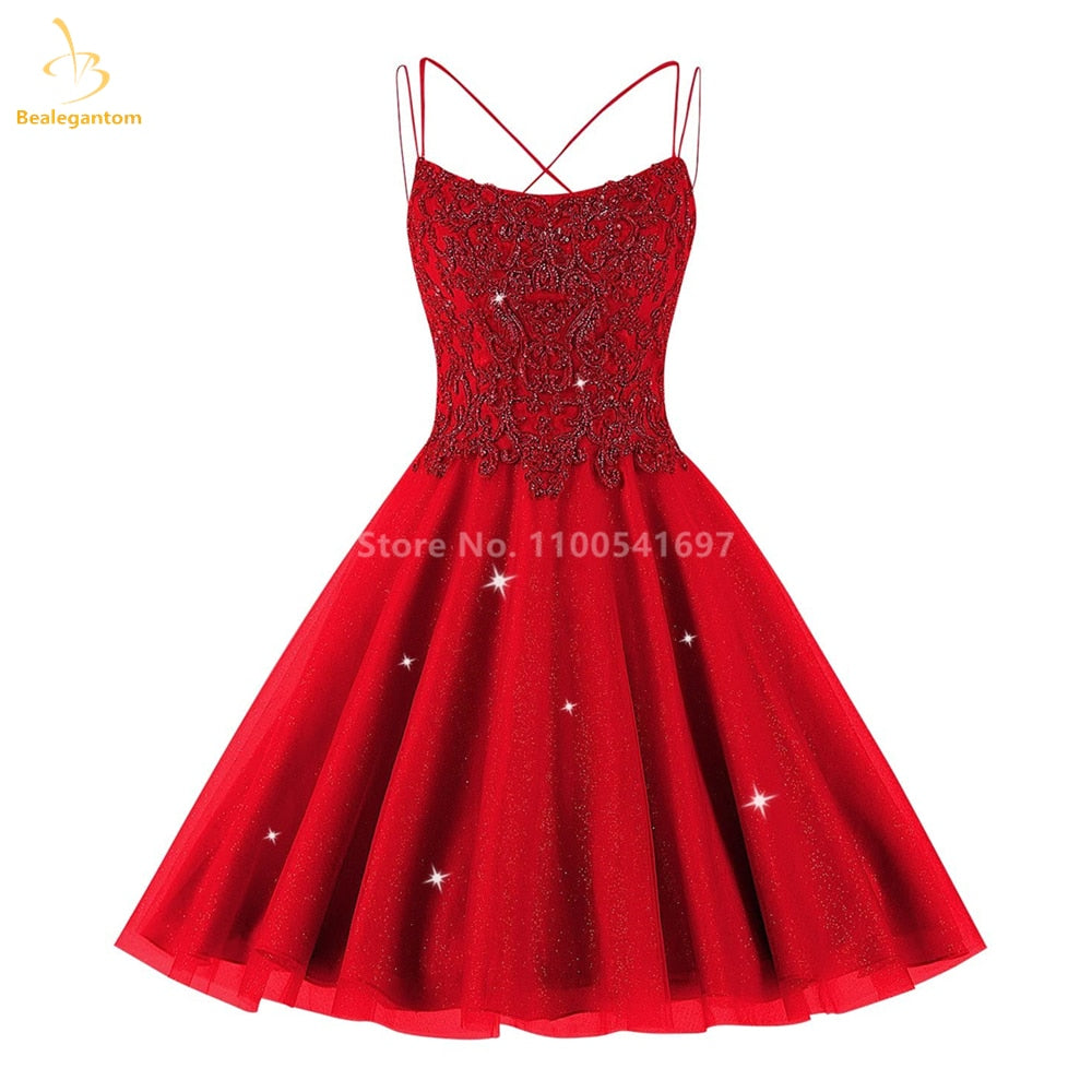 Bealegantom Lace Beaded Spaghetti Homecoming Dresses Sparkly Tulle Pageant Short Prom Party Cocktail Gown Vestidos De Graudation Red