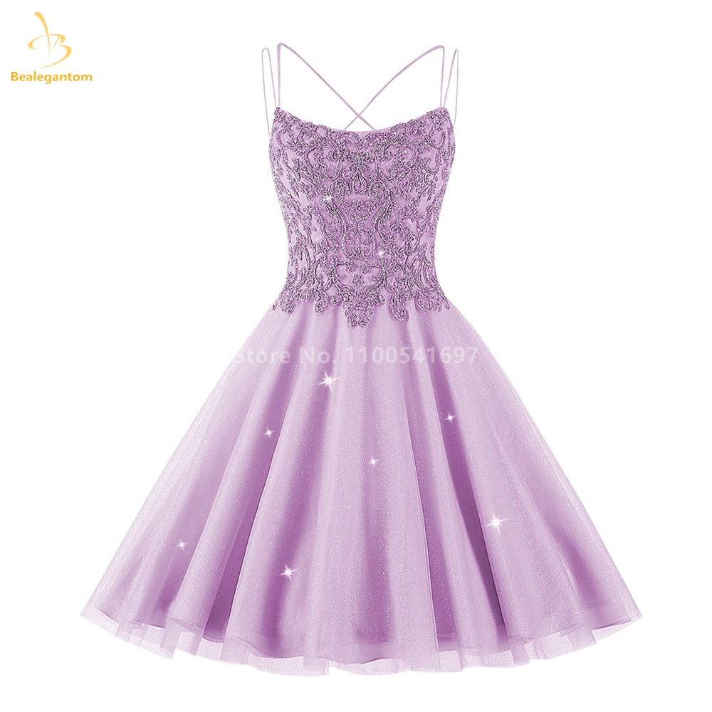 Bealegantom Lace Beaded Spaghetti Homecoming Dresses Sparkly Tulle Pageant Short Prom Party Cocktail Gown Vestidos De Graudation