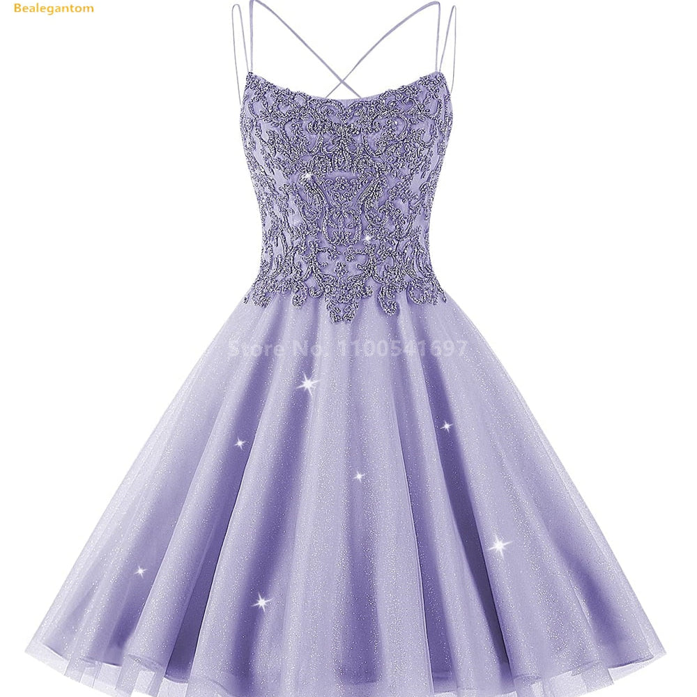 Bealegantom Lace Beaded Spaghetti Homecoming Dresses Sparkly Tulle Pageant Short Prom Party Cocktail Gown Vestidos De Graudation