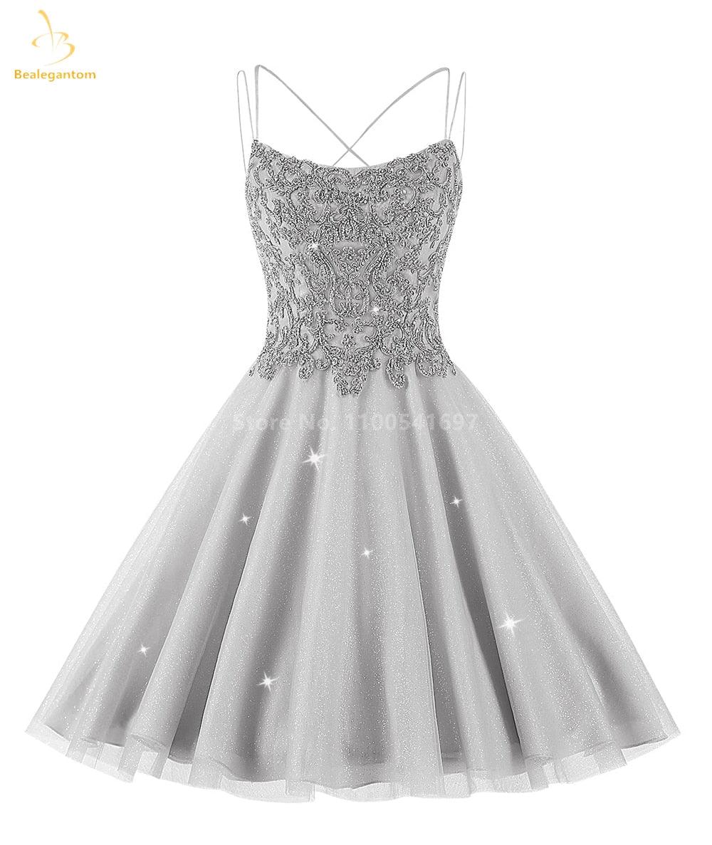 Bealegantom Lace Beaded Spaghetti Homecoming Dresses Sparkly Tulle Pageant Short Prom Party Cocktail Gown Vestidos De Graudation Silver