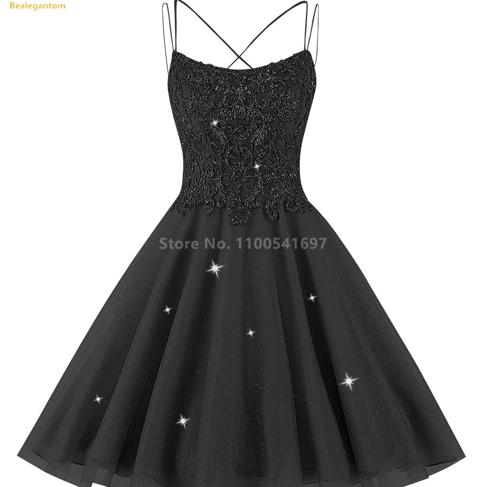 Bealegantom Lace Beaded Spaghetti Homecoming Dresses Sparkly Tulle Pageant Short Prom Party Cocktail Gown Vestidos De Graudation Black