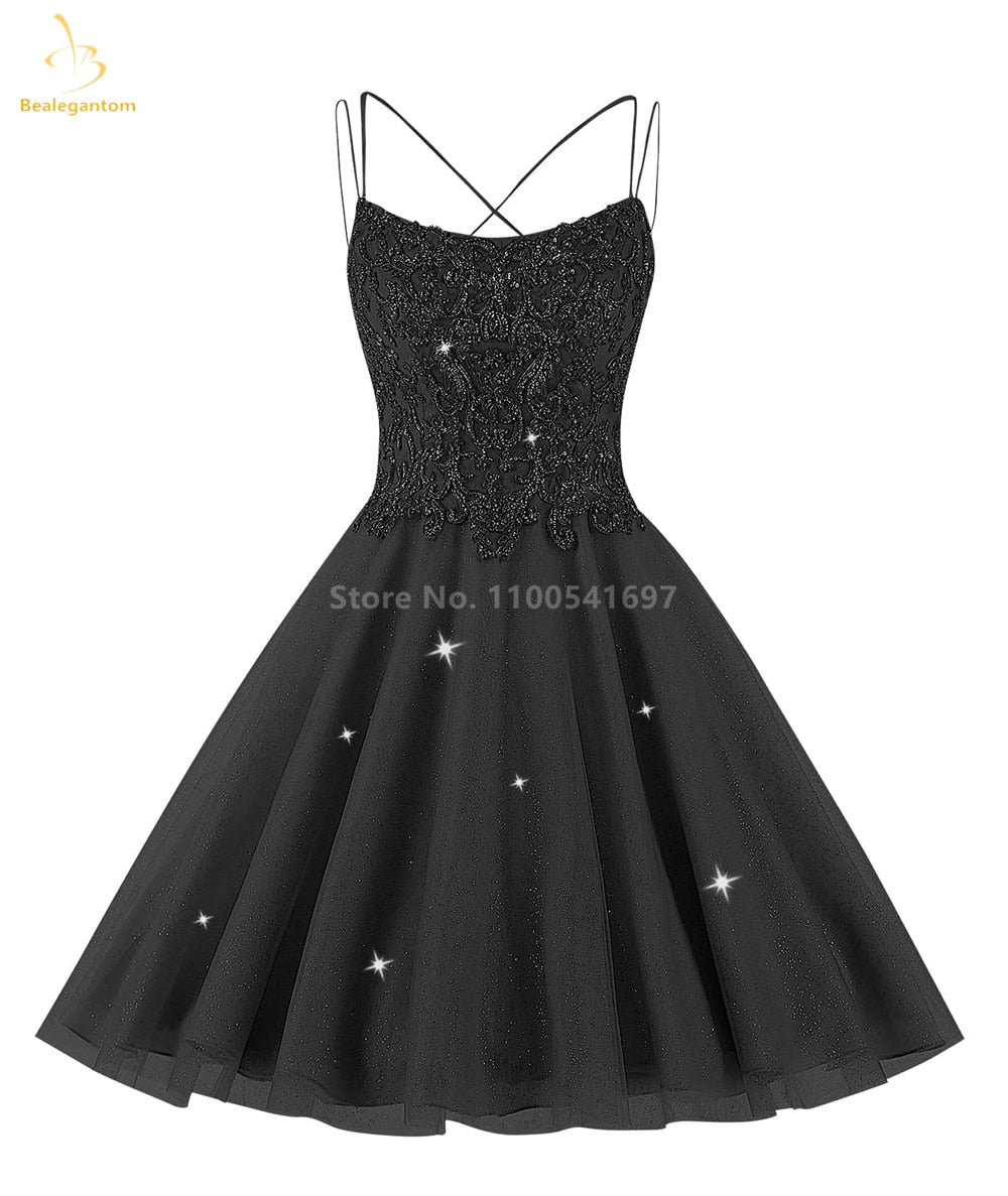 Bealegantom Lace Beaded Spaghetti Homecoming Dresses Sparkly Tulle Pageant Short Prom Party Cocktail Gown Vestidos De Graudation Black