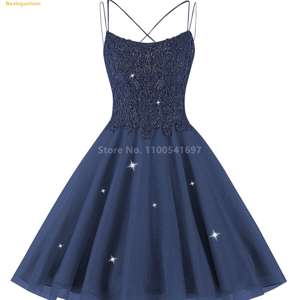 Bealegantom Lace Beaded Spaghetti Homecoming Dresses Sparkly Tulle Pageant Short Prom Party Cocktail Gown Vestidos De Graudation