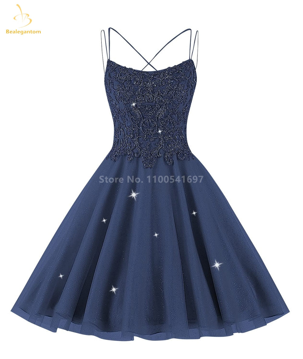 Bealegantom Lace Beaded Spaghetti Homecoming Dresses Sparkly Tulle Pageant Short Prom Party Cocktail Gown Vestidos De Graudation