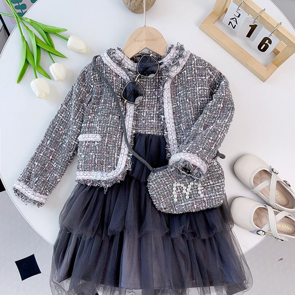 Bear Leader Fashion Kids Girls Princess 2pcs Clothes Set Autumn Winter Children Coat Outwear+Skirts Vintage Outfits Suit 2-12Y AX1300Black