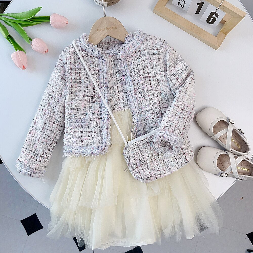Bear Leader Fashion Kids Girls Princess 2pcs Clothes Set Autumn Winter Children Coat Outwear+Skirts Vintage Outfits Suit 2-12Y AX1300White