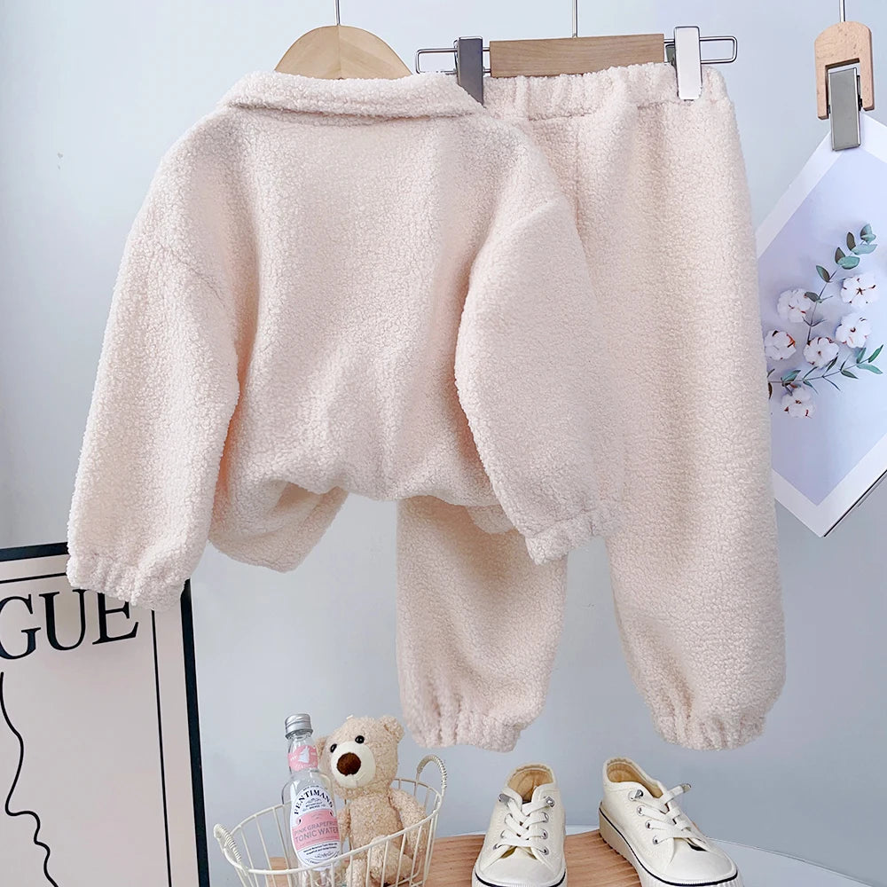 Bear Leader Girls' Set Children's Autumn Lamb Fleece Standing Collar Pullover Top+Pants Two Piece Kids' Fashion Set