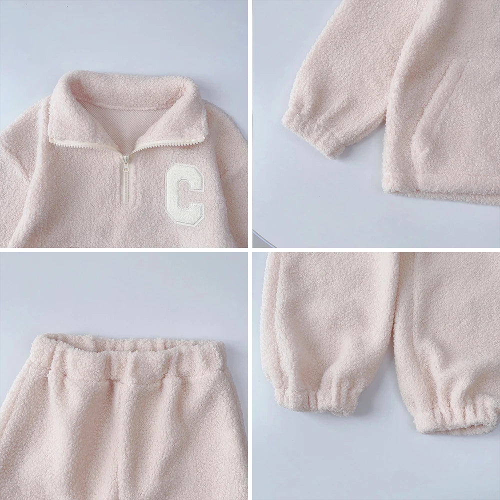 Bear Leader Girls' Set Children's Autumn Lamb Fleece Standing Collar Pullover Top+Pants Two Piece Kids' Fashion Set