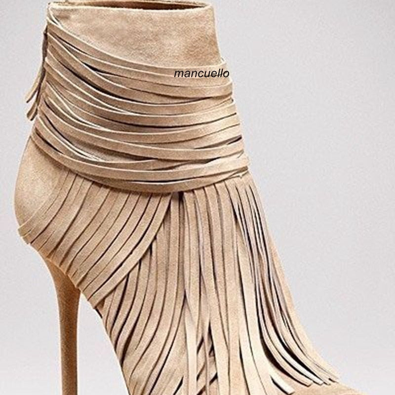 Beige Suede Fringe Thin High Heel Ankle Boots Women Classy Peep Toe Tassel Stiletto Heel Sandal Booties AMAIO