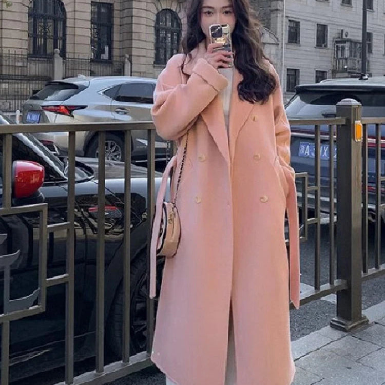 Belt Faux Woolen Coat Women Full Sleeve Double Breasted Notched Female Long Jacket Autumn Fashion Loose Causal Lady Outwear