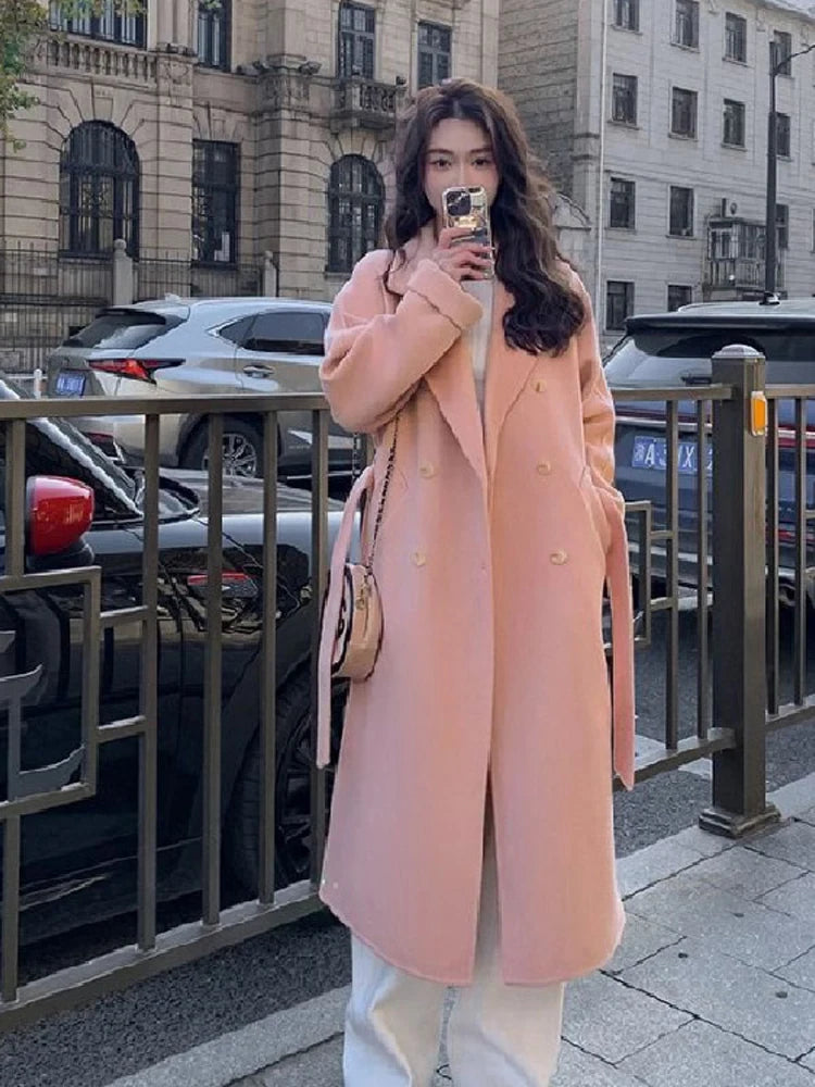 Belt Faux Woolen Coat Women Full Sleeve Double Breasted Notched Female Long Jacket Autumn Fashion Loose Causal Lady Outwear