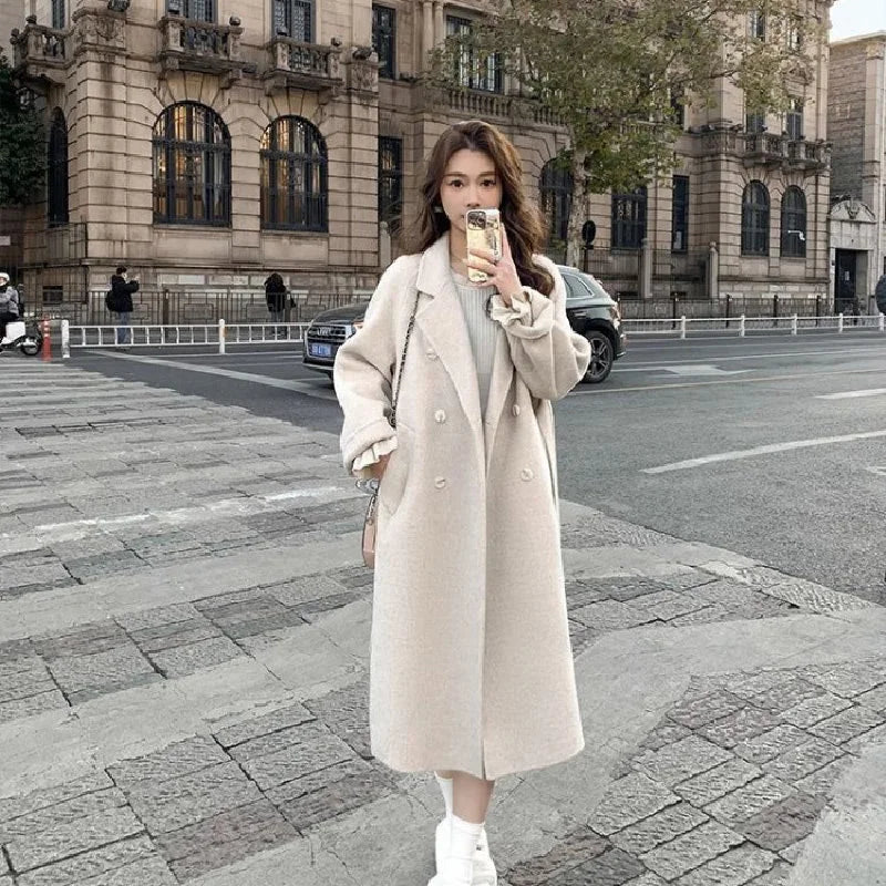 Belt Faux Woolen Coat Women Full Sleeve Double Breasted Notched Female Long Jacket Autumn Fashion Loose Causal Lady Outwear apricot