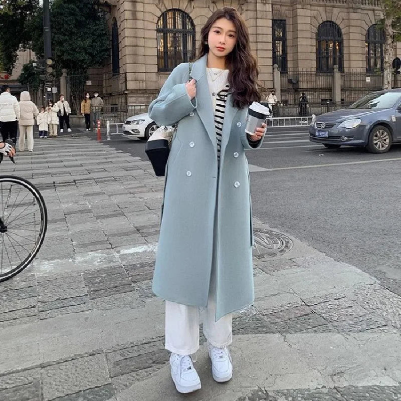 Belt Faux Woolen Coat Women Full Sleeve Double Breasted Notched Female Long Jacket Autumn Fashion Loose Causal Lady Outwear blue