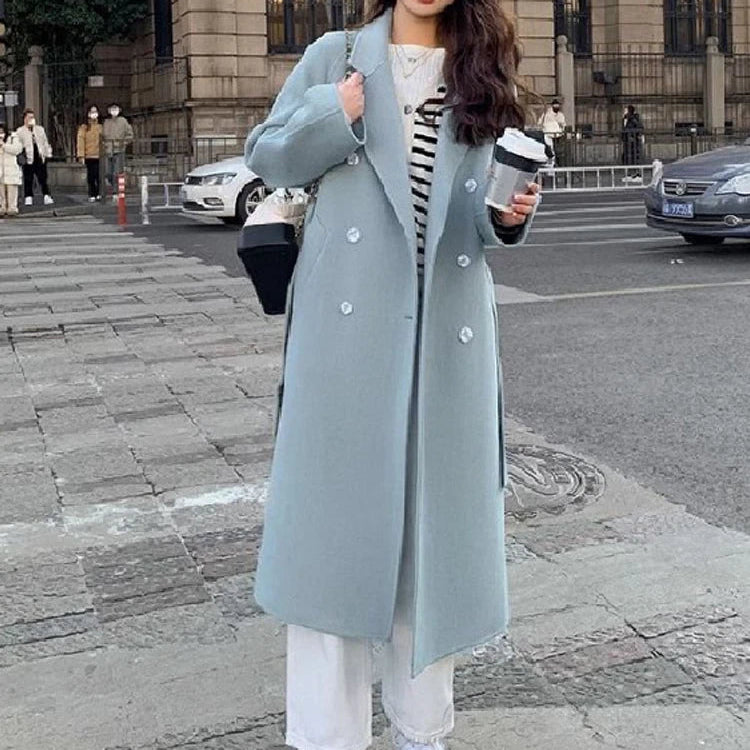 Belt Faux Woolen Coat Women Full Sleeve Double Breasted Notched Female Long Jacket Autumn Fashion Loose Causal Lady Outwear