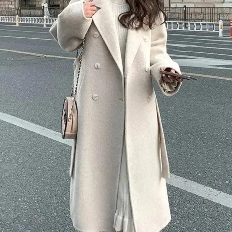 Belt Faux Woolen Coat Women Full Sleeve Double Breasted Notched Female Long Jacket Autumn Fashion Loose Causal Lady Outwear AMAIO