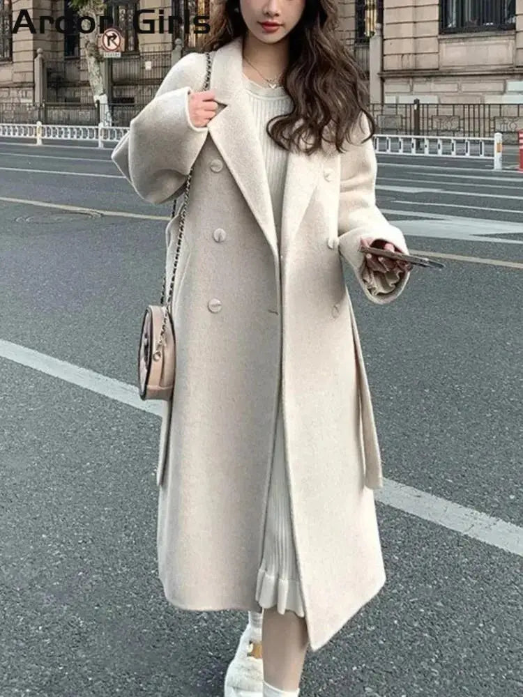 Belt Faux Woolen Coat Women Full Sleeve Double Breasted Notched Female Long Jacket Autumn Fashion Loose Causal Lady Outwear