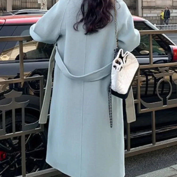 Belt Faux Woolen Coat Women Full Sleeve Double Breasted Notched Female Long Jacket Autumn Fashion Loose Causal Lady Outwear