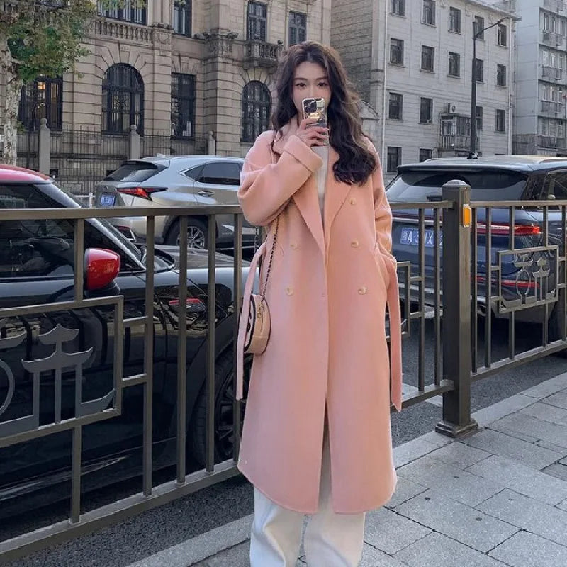 Belt Faux Woolen Coat Women Full Sleeve Double Breasted Notched Female Long Jacket Autumn Fashion Loose Causal Lady Outwear Pink