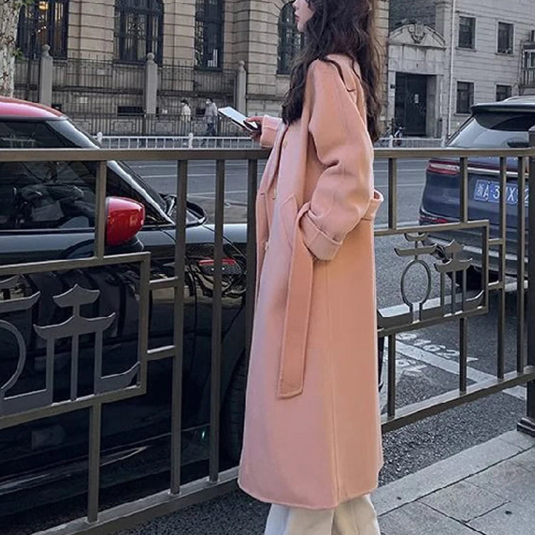 Belt Faux Woolen Coat Women Full Sleeve Double Breasted Notched Female Long Jacket Autumn Fashion Loose Causal Lady Outwear