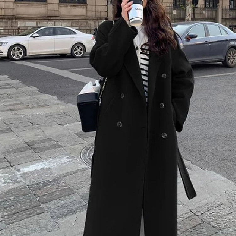 Belt Faux Woolen Coat Women Full Sleeve Double Breasted Notched Female Long Jacket Autumn Fashion Loose Causal Lady Outwear