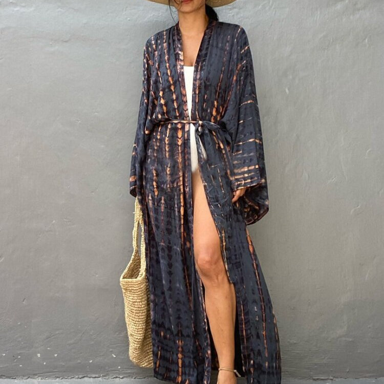 Bikini Cover Up Tie Dye Printed Swimsuit Cape Pareo Bohemian Beach Kimono Dresses Self Belted Bathing Suits Dropshipping