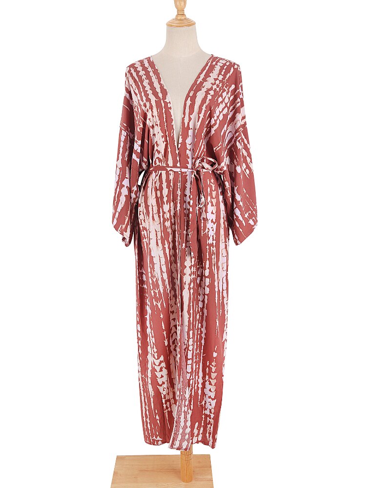 Bikini Cover Up Tie Dye Printed Swimsuit Cape Pareo Bohemian Beach Kimono Dresses Self Belted Bathing Suits Dropshipping 2 One Size