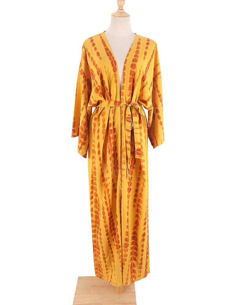 Bikini Cover Up Tie Dye Printed Swimsuit Cape Pareo Bohemian Beach Kimono Dresses Self Belted Bathing Suits Dropshipping 4 One Size