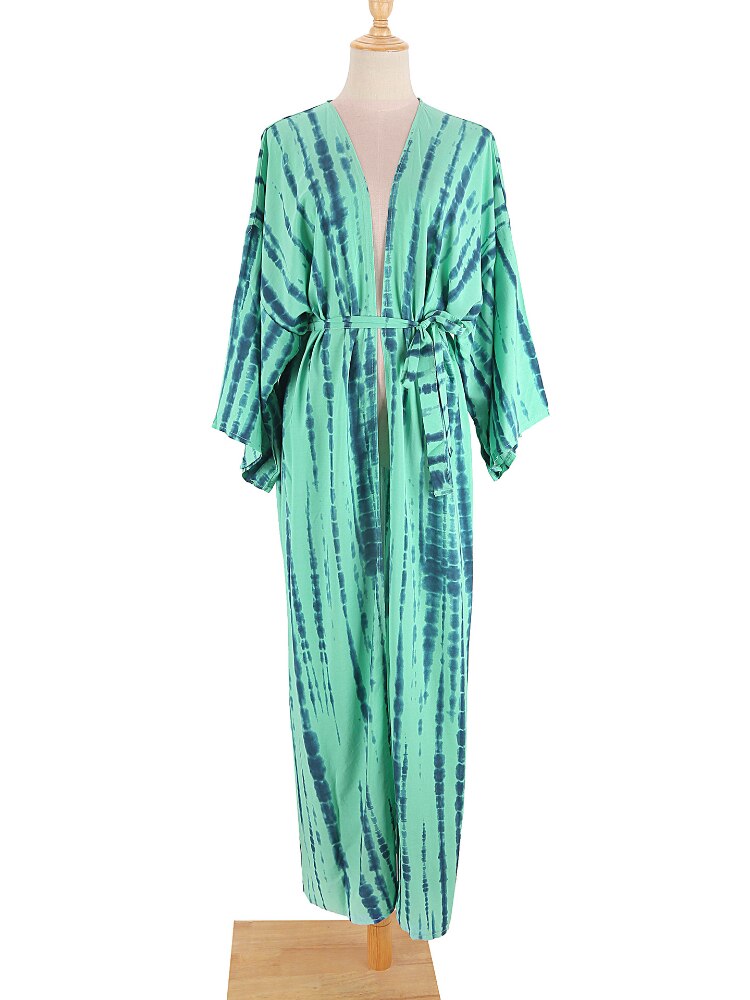 Bikini Cover Up Tie Dye Printed Swimsuit Cape Pareo Bohemian Beach Kimono Dresses Self Belted Bathing Suits Dropshipping 9 One Size