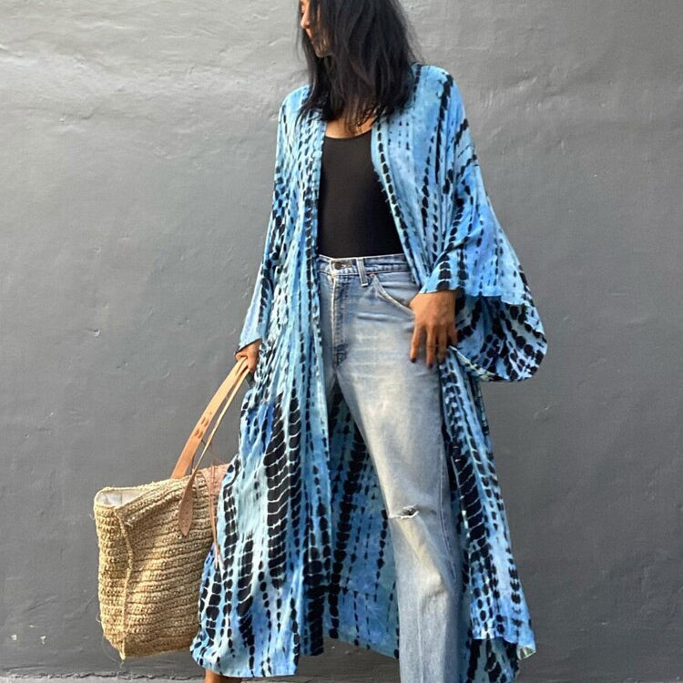Bikini Cover Up Tie Dye Printed Swimsuit Cape Pareo Bohemian Beach Kimono Dresses Self Belted Bathing Suits Dropshipping 3 One Size