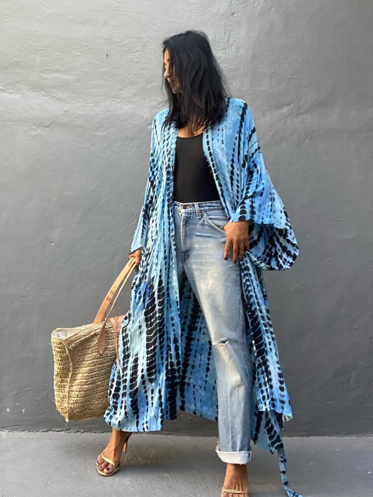 Bikini Cover Up Tie Dye Printed Swimsuit Cape Pareo Bohemian Beach Kimono Dresses Self Belted Bathing Suits Dropshipping 3 One Size