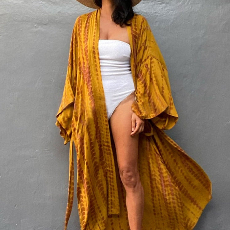 Bikini Cover Up Tie Dye Printed Swimsuit Cape Pareo Bohemian Beach Kimono Dresses Self Belted Bathing Suits Dropshipping
