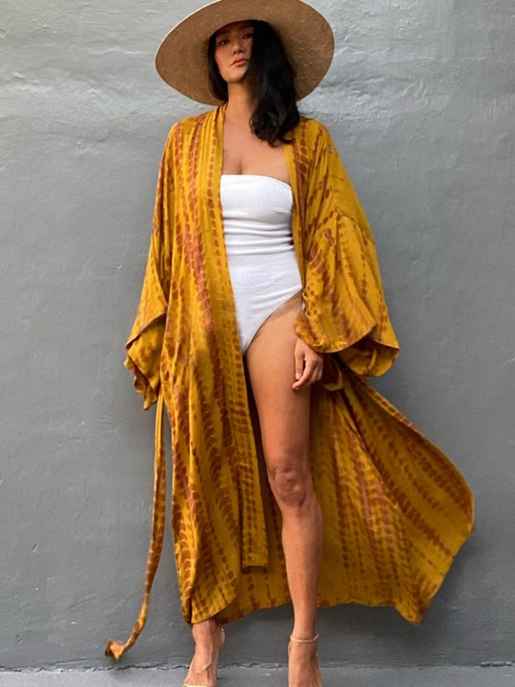 Bikini Cover Up Tie Dye Printed Swimsuit Cape Pareo Bohemian Beach Kimono Dresses Self Belted Bathing Suits Dropshipping