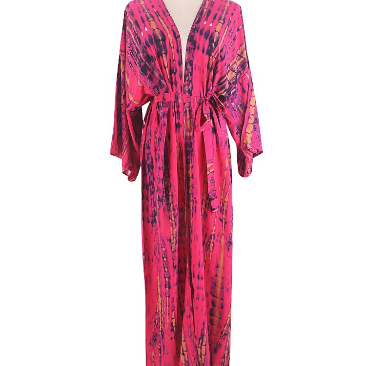 Bikini Cover Up Tie Dye Printed Swimsuit Cape Pareo Bohemian Beach Kimono Dresses Self Belted Bathing Suits Dropshipping 7 One Size