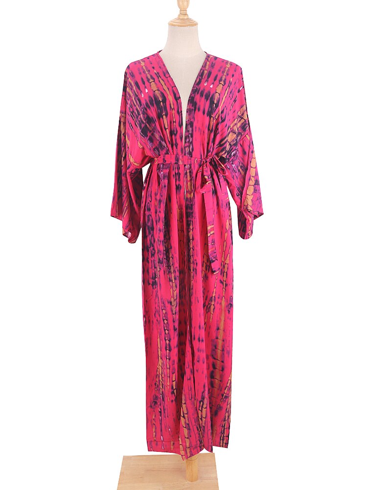 Bikini Cover Up Tie Dye Printed Swimsuit Cape Pareo Bohemian Beach Kimono Dresses Self Belted Bathing Suits Dropshipping 7 One Size