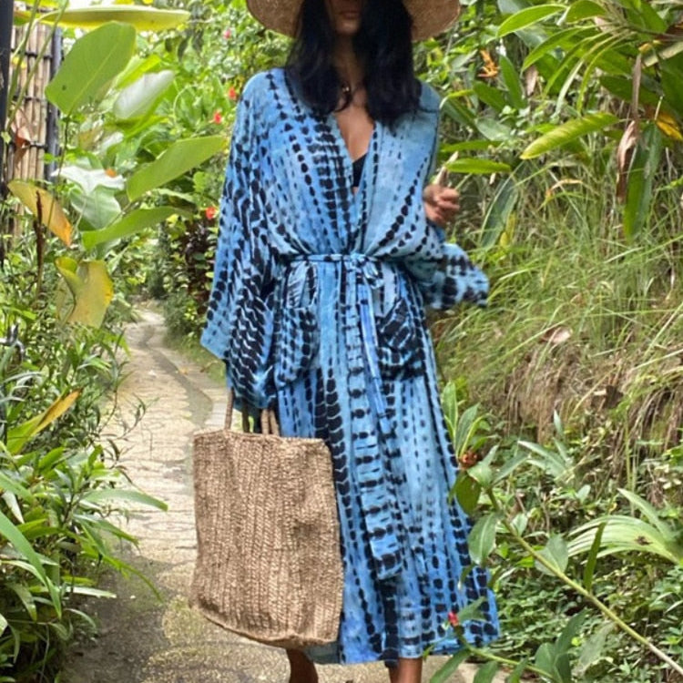 Bikini Cover Up Tie Dye Printed Swimsuit Cape Pareo Bohemian Beach Kimono Dresses Self Belted Bathing Suits Dropshipping
