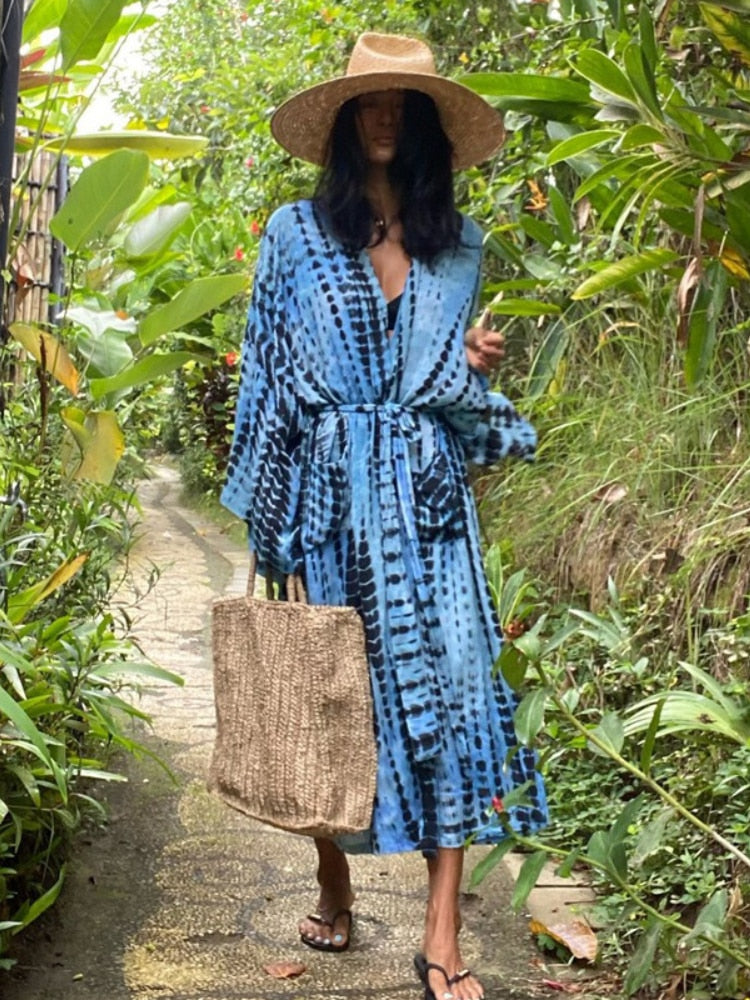Bikini Cover Up Tie Dye Printed Swimsuit Cape Pareo Bohemian Beach Kimono Dresses Self Belted Bathing Suits Dropshipping