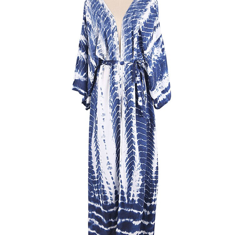 Bikini Cover Up Tie Dye Printed Swimsuit Cape Pareo Bohemian Beach Kimono Dresses Self Belted Bathing Suits Dropshipping 1 One Size