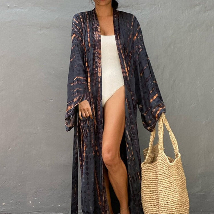 Bikini Cover Up Tie Dye Printed Swimsuit Cape Pareo Bohemian Beach Kimono Dresses Self Belted Bathing Suits Dropshipping AMAIO