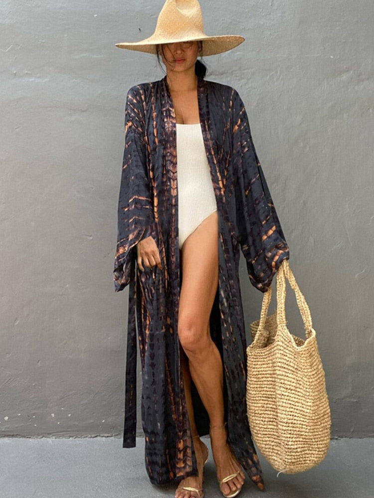 Bikini Cover Up Tie Dye Printed Swimsuit Cape Pareo Bohemian Beach Kimono Dresses Self Belted Bathing Suits Dropshipping AMAIO