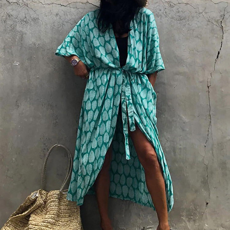 Bikini Cover-ups Beach Pareo Stripes Hole blue leaf One Size