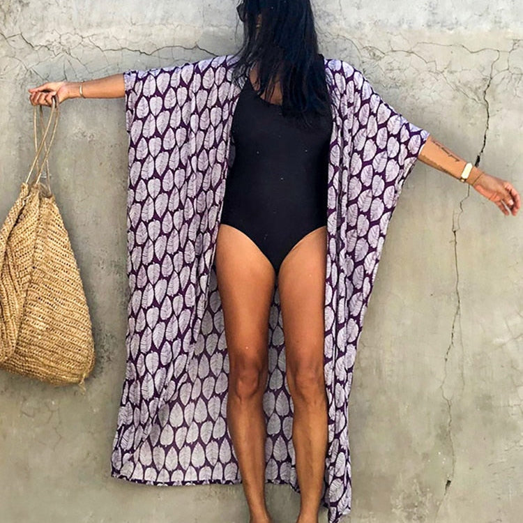 Bikini Cover-ups Beach Pareo Stripes Purple leaf One Size