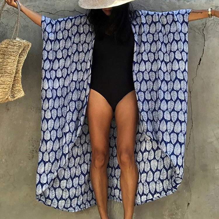 Bikini Cover-ups Beach Pareo Stripes Royal blue leaf One Size