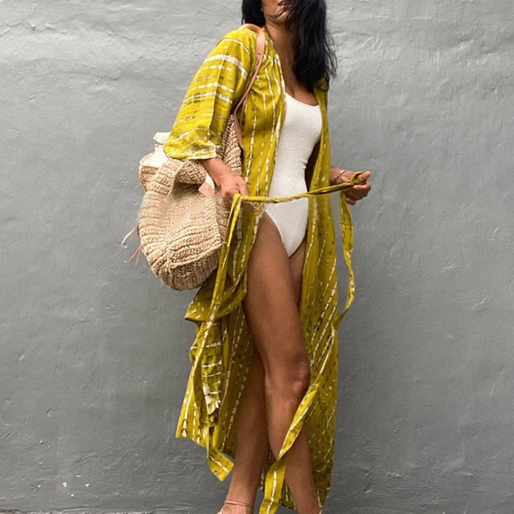 Bikini Cover-ups Beach Pareo Stripes Yellow One Size