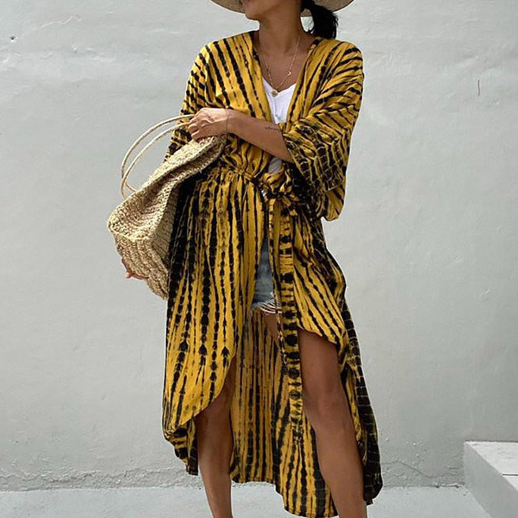 Bikini Cover-ups Beach Pareo Stripes Yellow black One Size