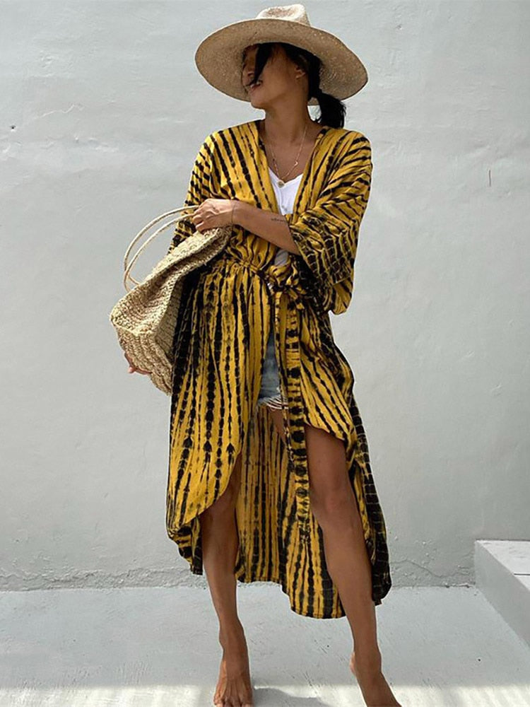 Bikini Cover-ups Beach Pareo Stripes Yellow black One Size