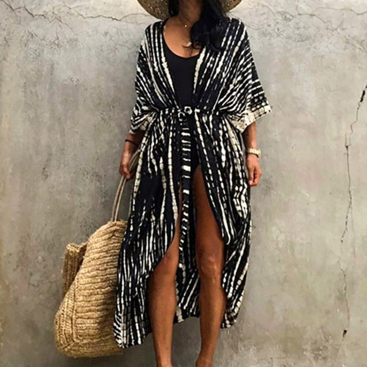 Bikini Cover-ups Beach Pareo Stripes Black white One Size