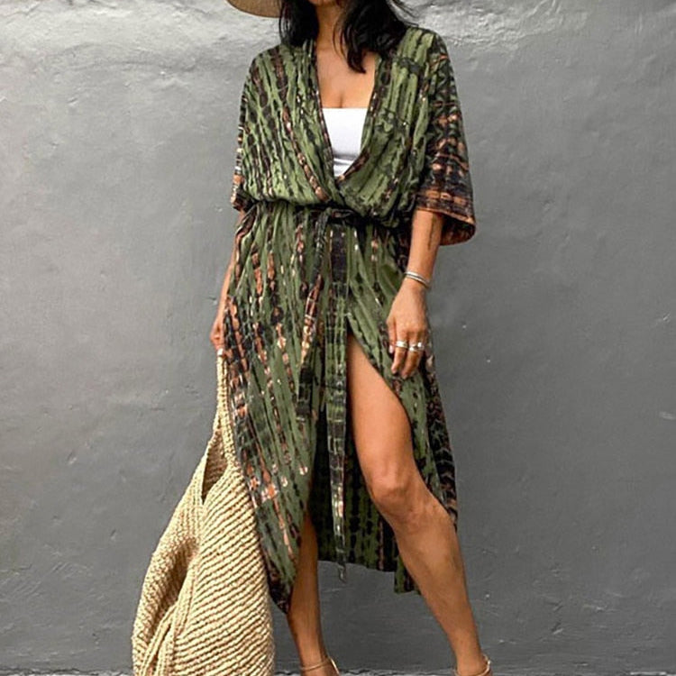 Bikini Cover-ups Beach Pareo Stripes ArmyGreen One Size