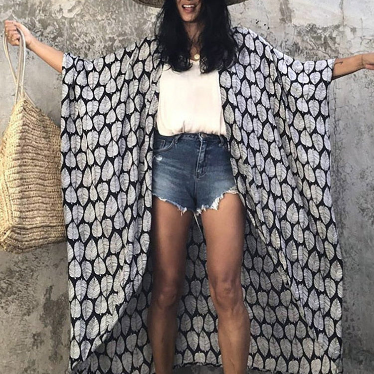 Bikini Cover-ups Beach Pareo Stripes Black leaf One Size