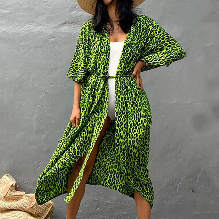Bikini Cover-ups Beach Pareo Stripes Green Leopard One Size