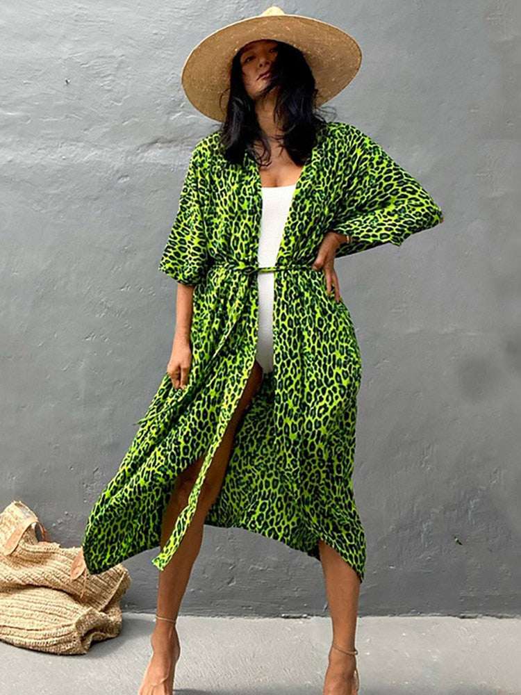 Bikini Cover-ups Beach Pareo Stripes Green Leopard One Size